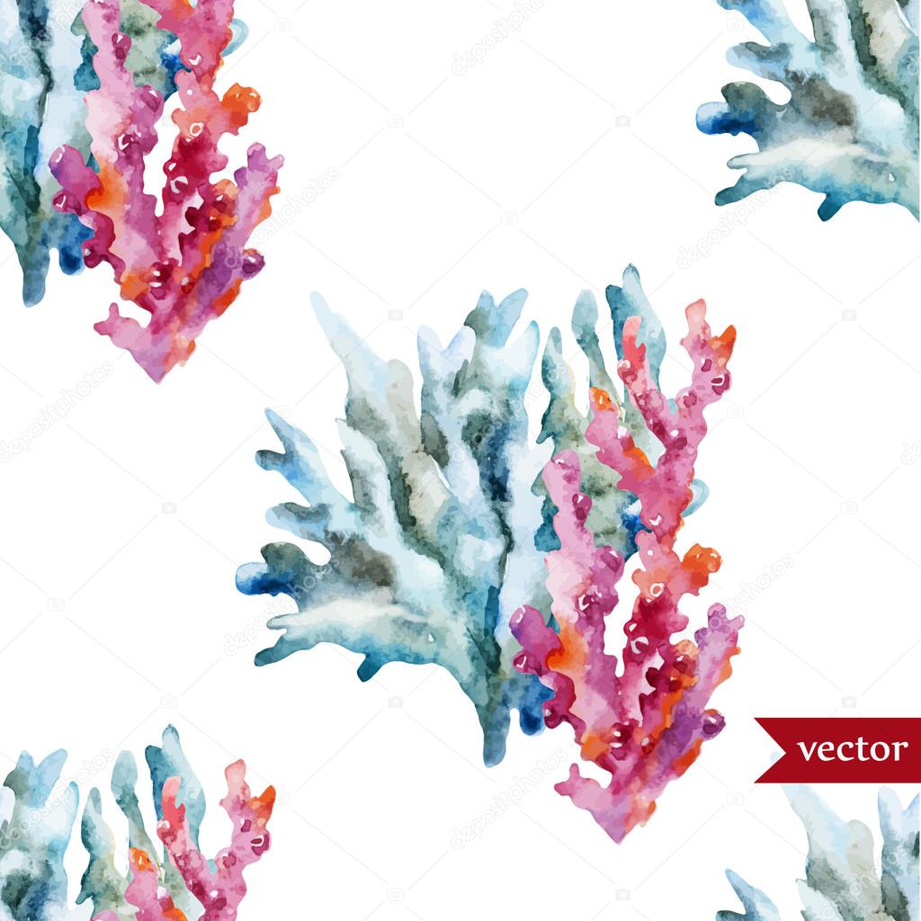 Watercolor corals set and ocean  sponge