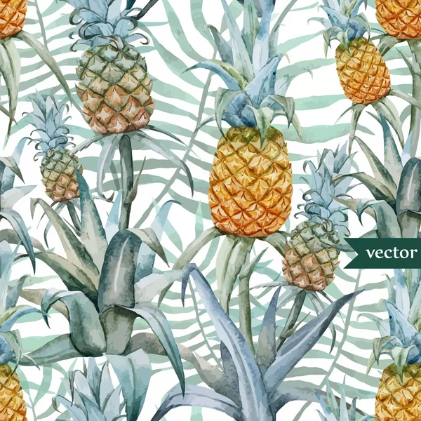 Aquarell-Ananas, tropische Pflanzen und Früchte - exotisches Muster — Stockvektor