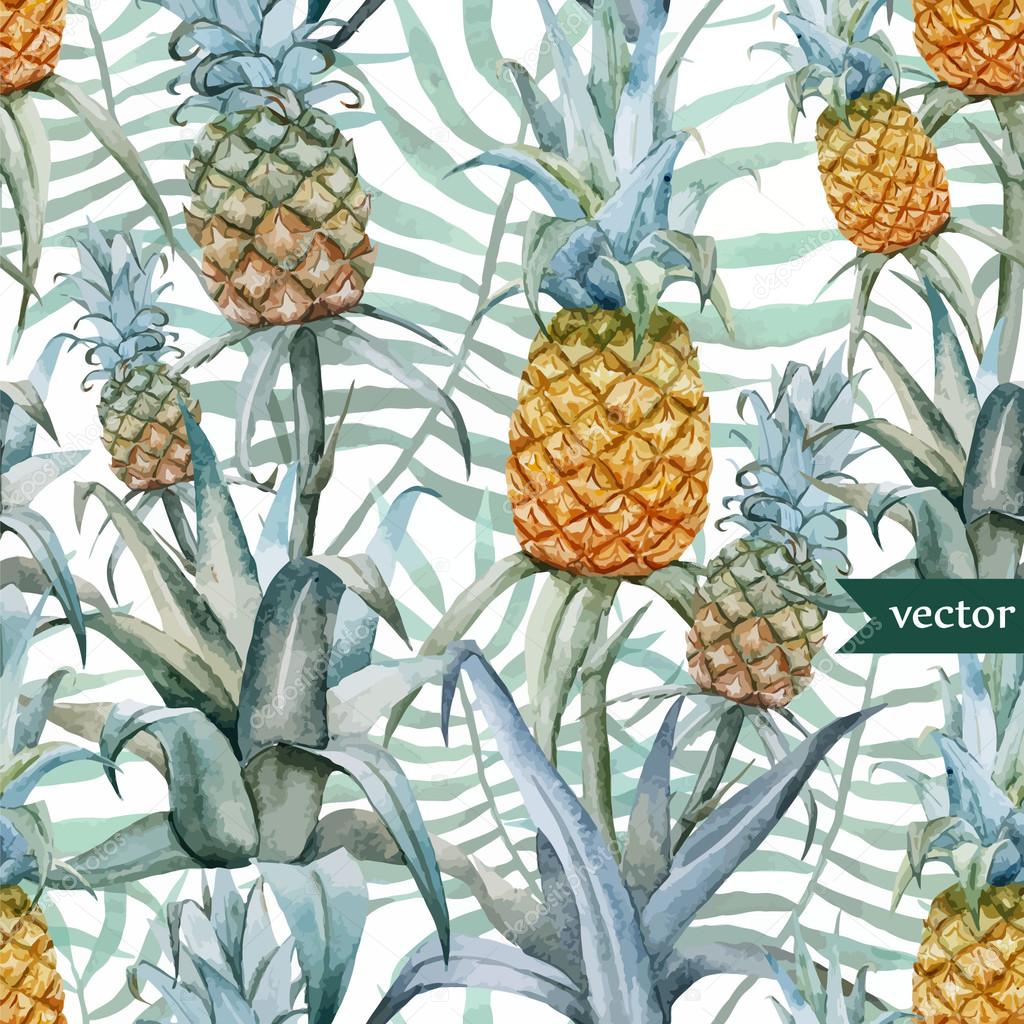 Watercolor pineapples, tropical plants and fruits - exotic pattern