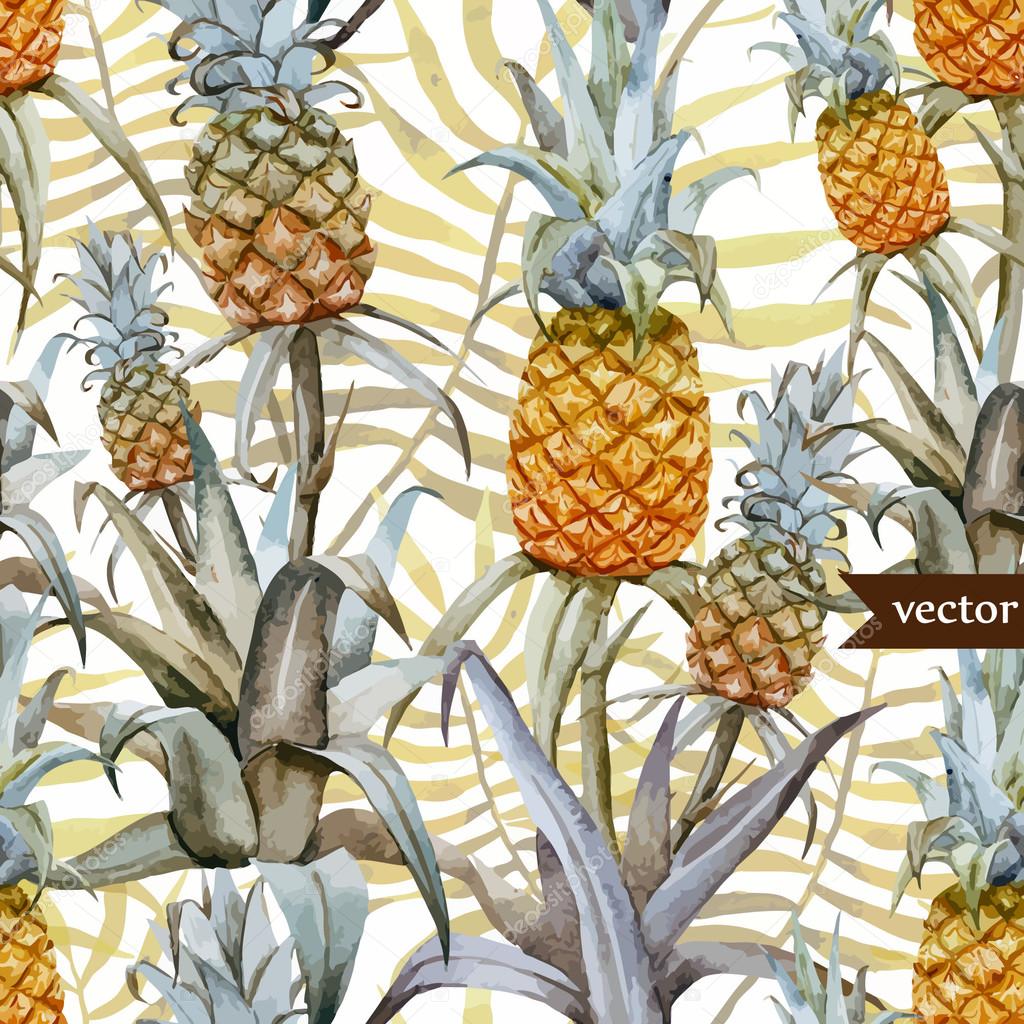 Watercolor pineapples, tropical plants and fruits - exotic pattern