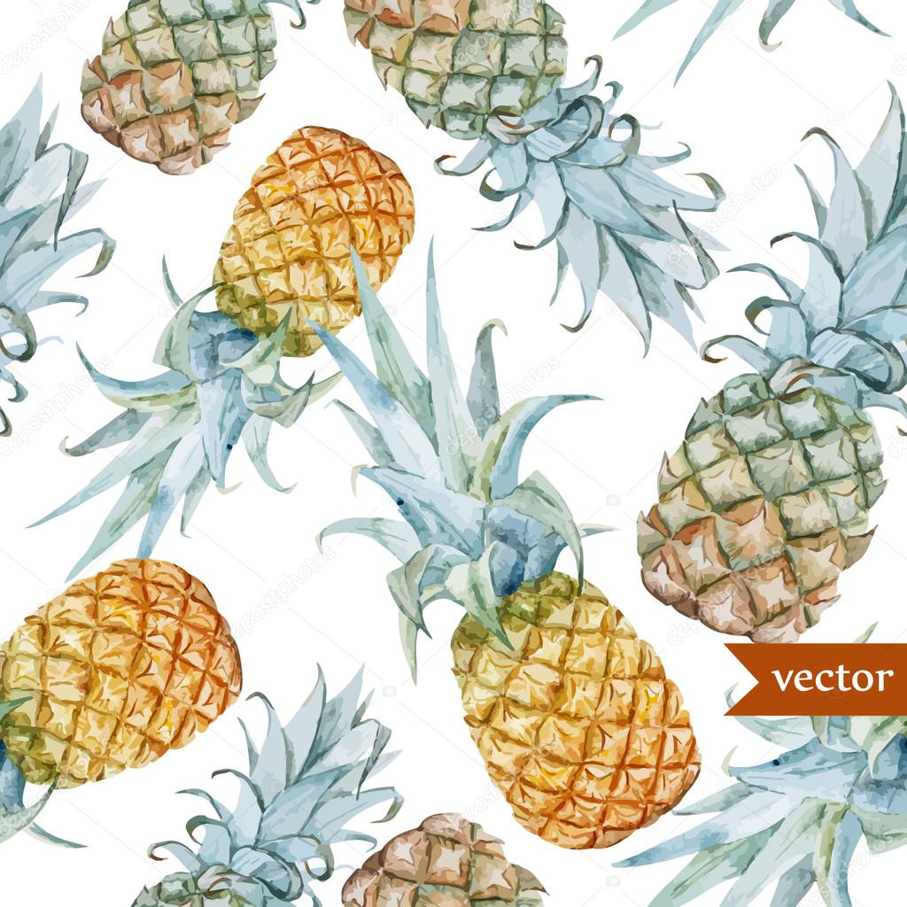 Watercolor pineapples, tropical plants and fruits - exotic pattern