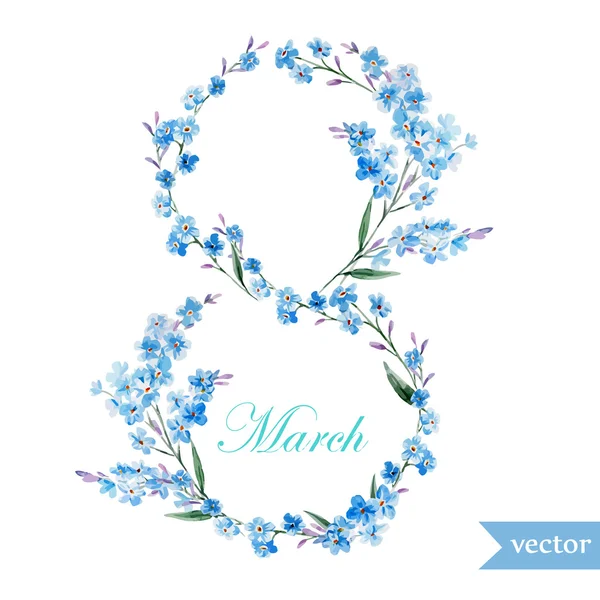 Március 8., tavasz, virág, kártya, szimbólum, mimosa, koszorú, — Stock Vector