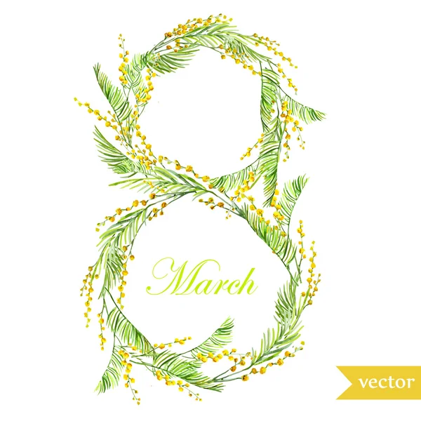 8 de marzo, primavera, flores, tarjeta, símbolo, mimosa, corona , — Archivo Imágenes Vectoriales