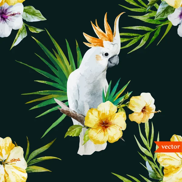 Loro blanco, hibisco, tropical, palmeras, flores, patrón, fondo de pantalla — Vector de stock