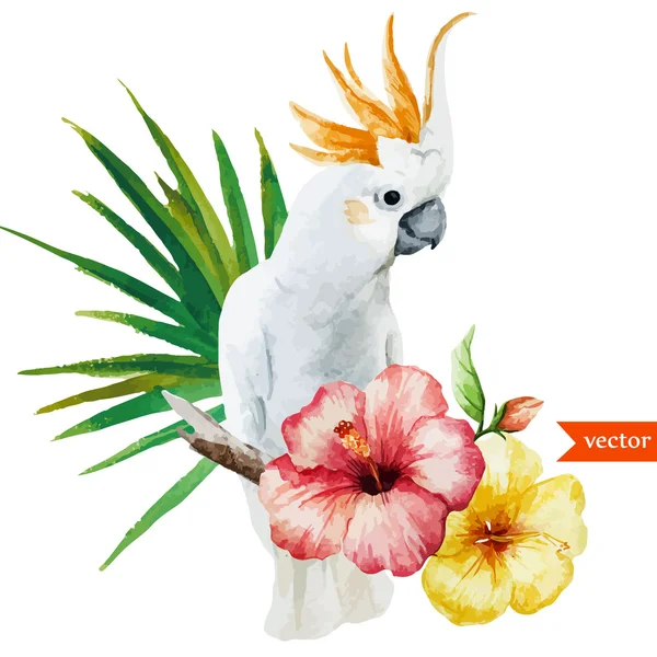 Loro blanco, hibisco, tropical, palmeras, flores, patrón, fondo de pantalla — Vector de stock