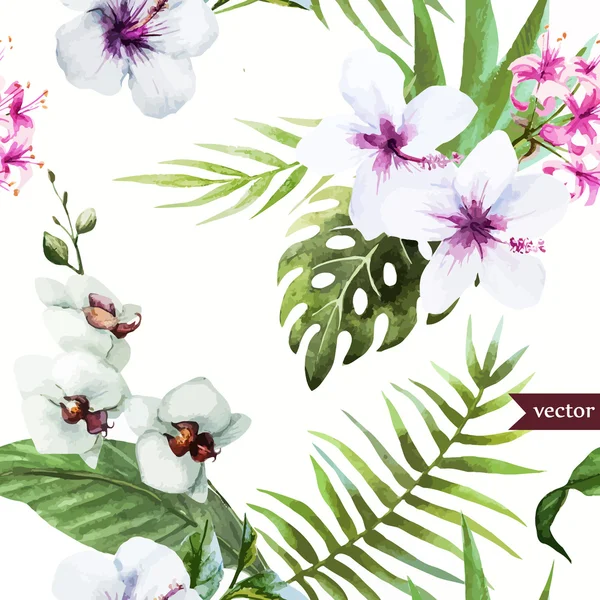 Aquarel, hibiscus, orchid, wit, palm, tropische, patroon, achtergrond, wallpaper — Stockvector