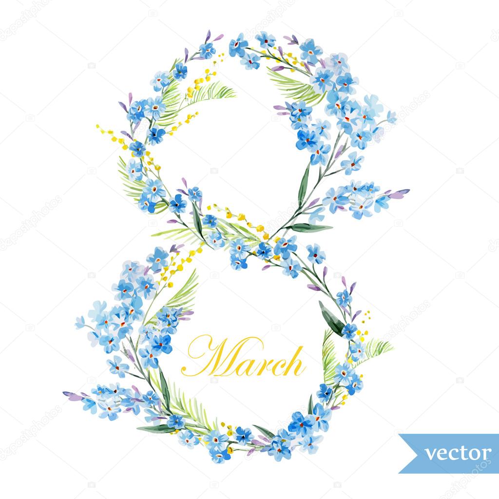 March 8, spring, flowers, card, symbol, mimosa, wreath,
