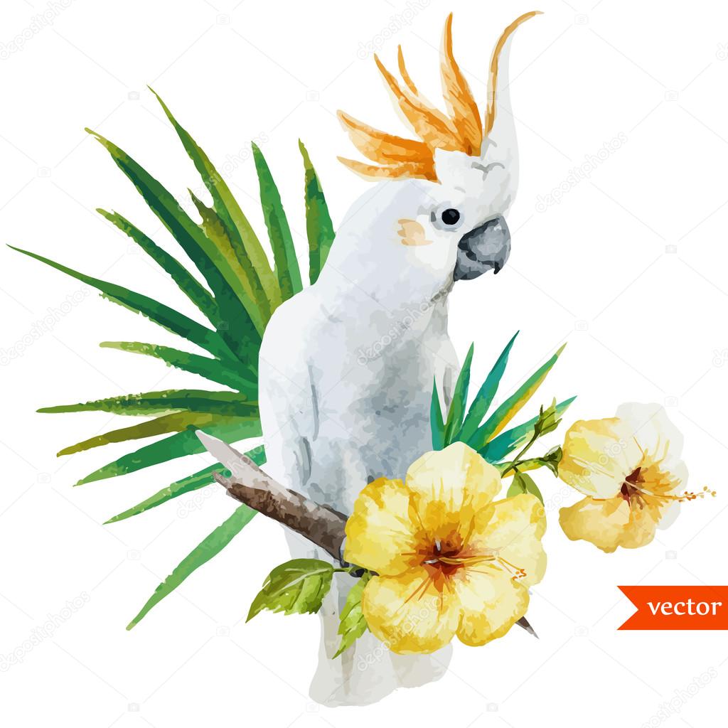 white parrot, hibiscus, tropical, palm trees, flowers, pattern, wallpaper