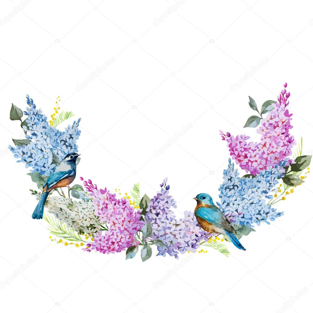Lilac wreath and birds