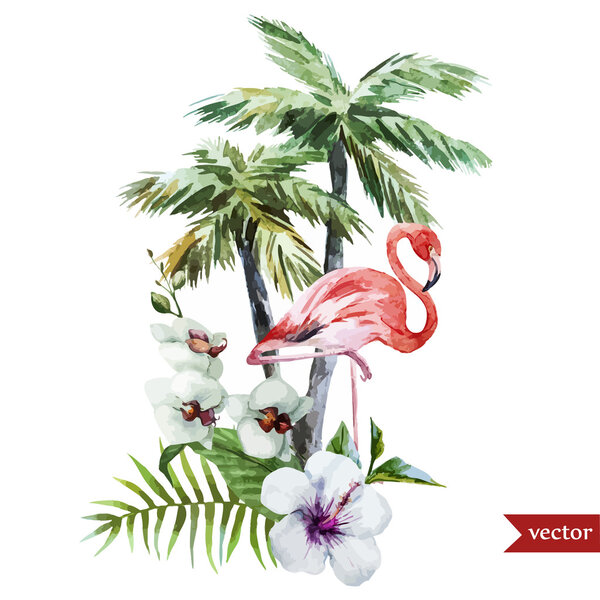 Flamingo with palms and flowers
