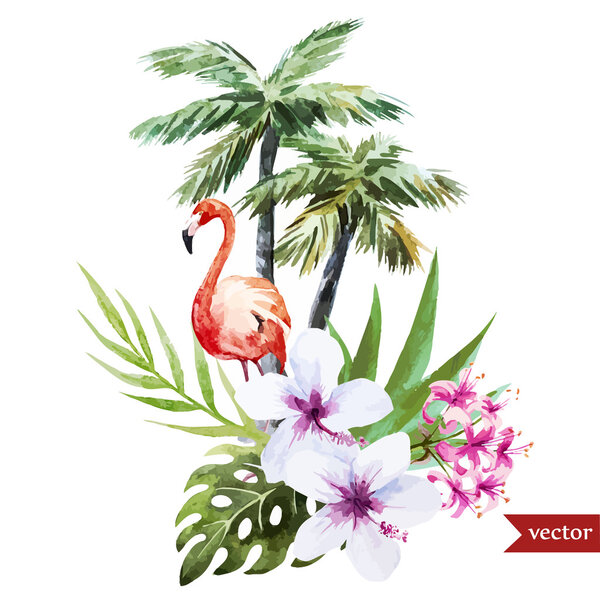 Flamingo with palms and flowers