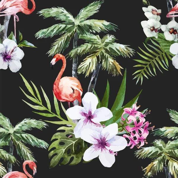 Flamant rose avec palmiers et fleurs — Image vectorielle