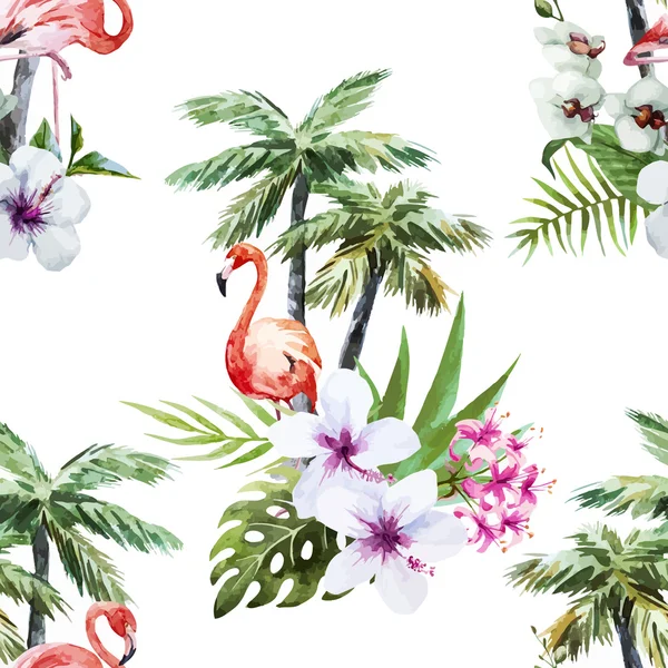 Flamingo mit Palmen und Blumen — Stockvektor