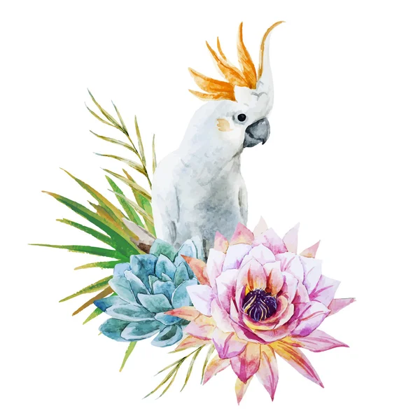 Perroquet aquarelle avec des fleurs — Image vectorielle