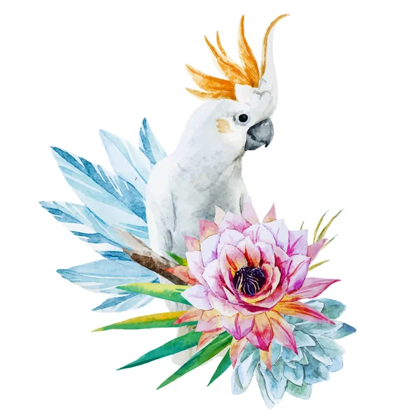 Akvarel papoušek s květinami — Stockový vektor