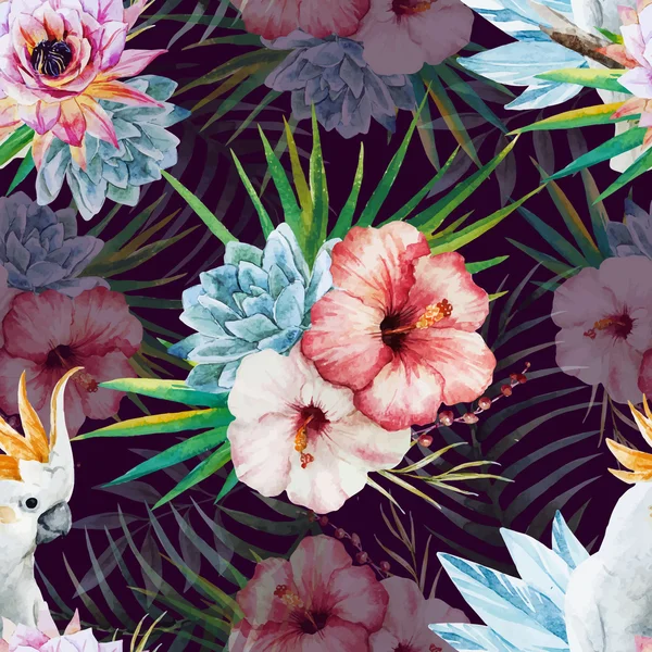 オウムと花の水彩画のパターン — ストックベクタ