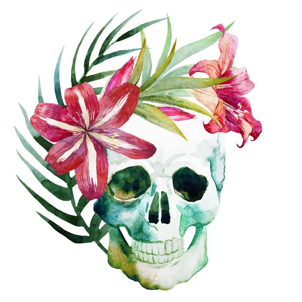 Aquarell Totenkopf mit Blumen — Stockvektor