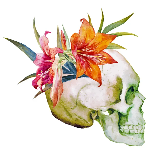 Aquarell Totenkopf mit Blumen — Stockvektor