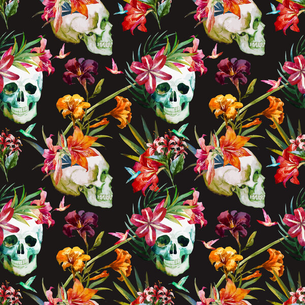 Beautiful vector pattern with nice watercolor skull and flowers