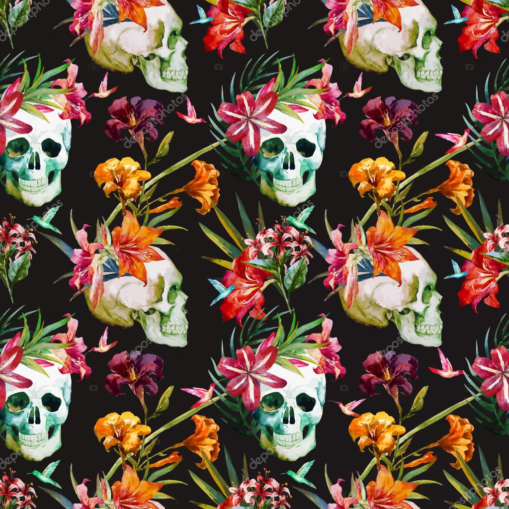 美丽的矢量模式好水彩头骨与花图库矢量图©ZeninaAsya 71648753, image size:1024x1024