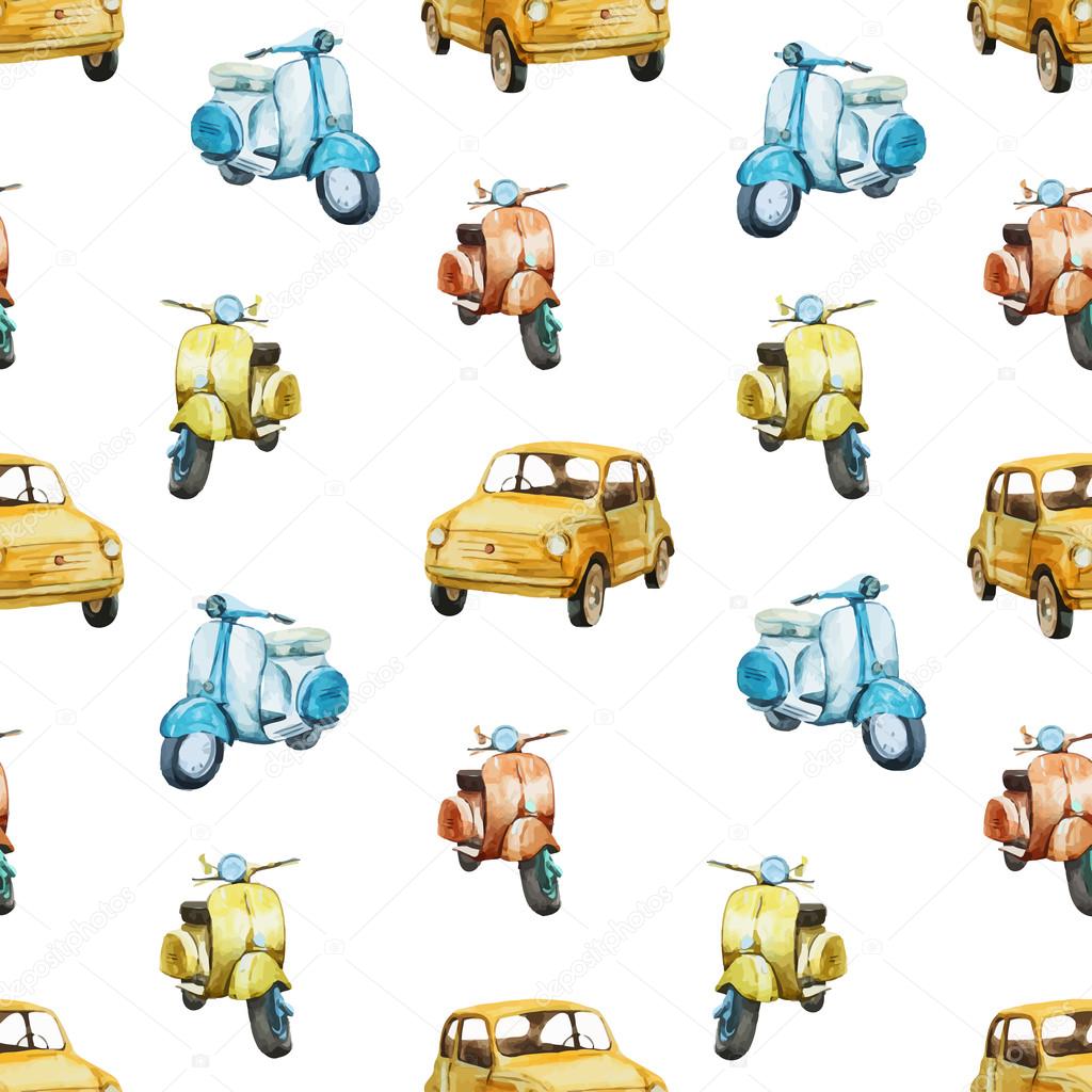Watercolor retro scooter and car pattern