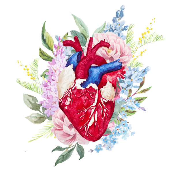 Акварель сердце с цветами
