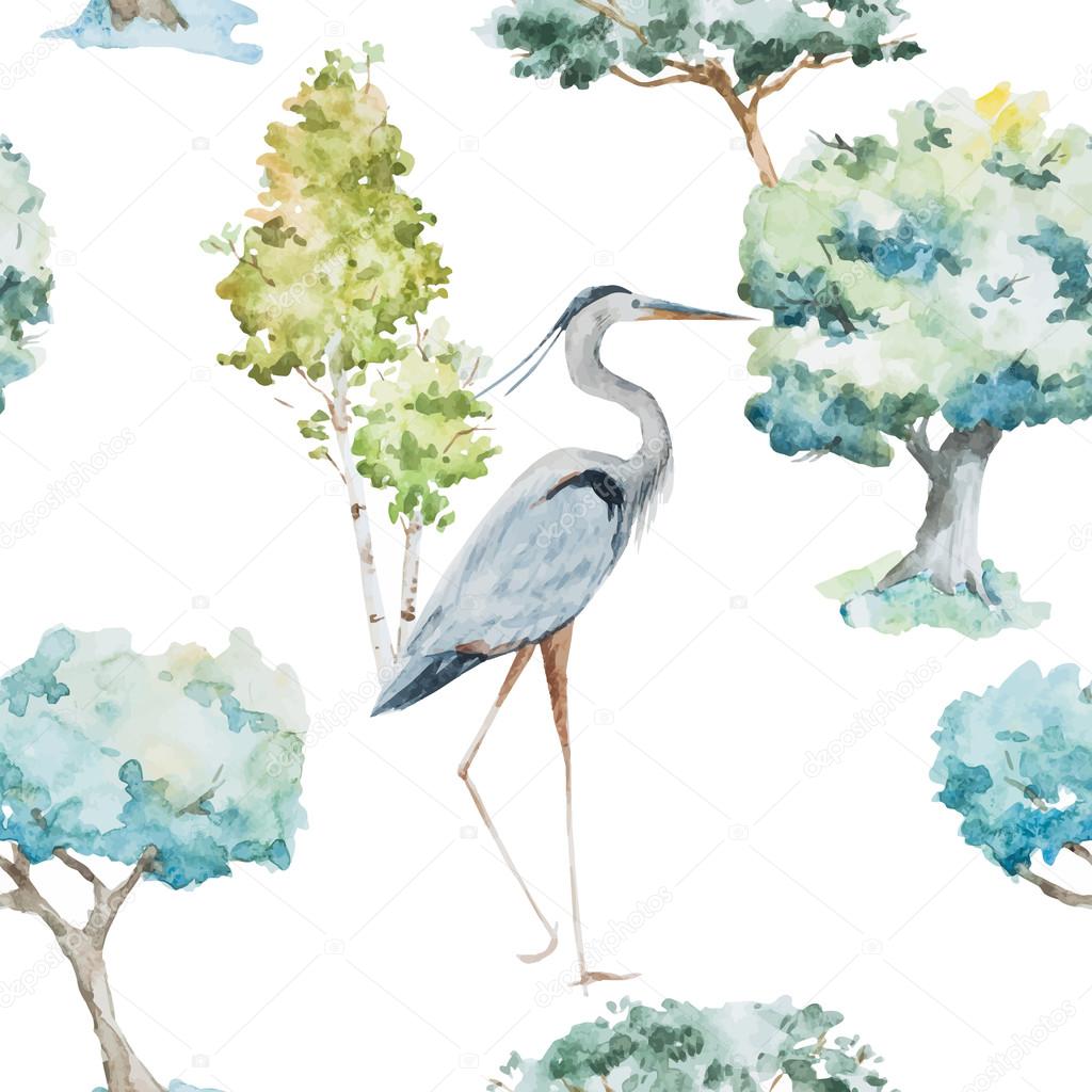 Watercolor herons and trees patterns