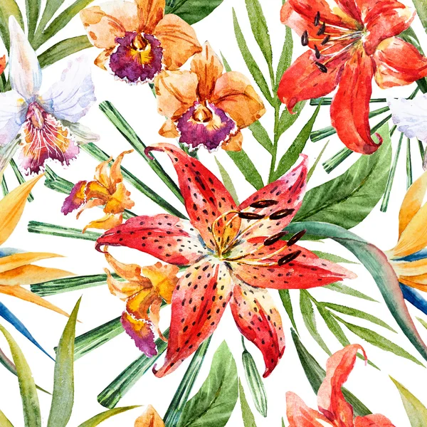 Rastrové tropické akvarel lilly vzor — Stock fotografie