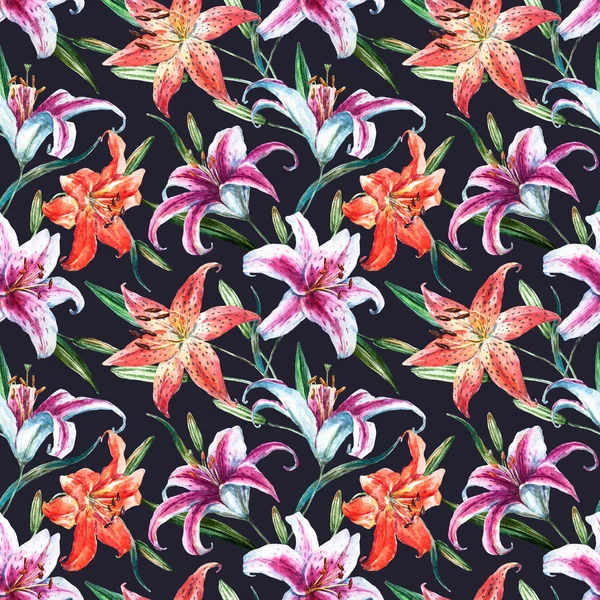 Raster tropical watercolor lilly pattern — Stock Photo, Image