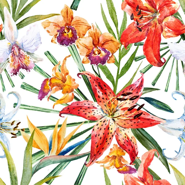 Raster tropical watercolor lilly pattern — Stock Photo, Image