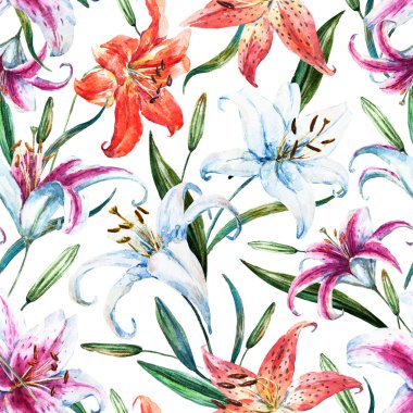 Raster tropical watercolor lilly pattern clipart