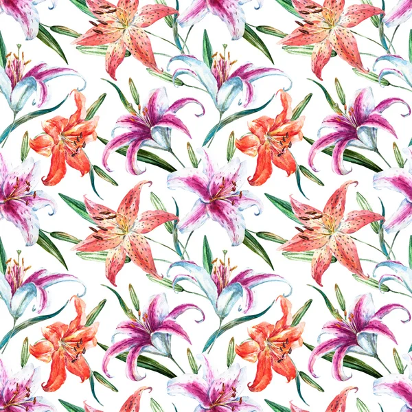 Raster tropical watercolor lilly pattern — Stock Photo, Image