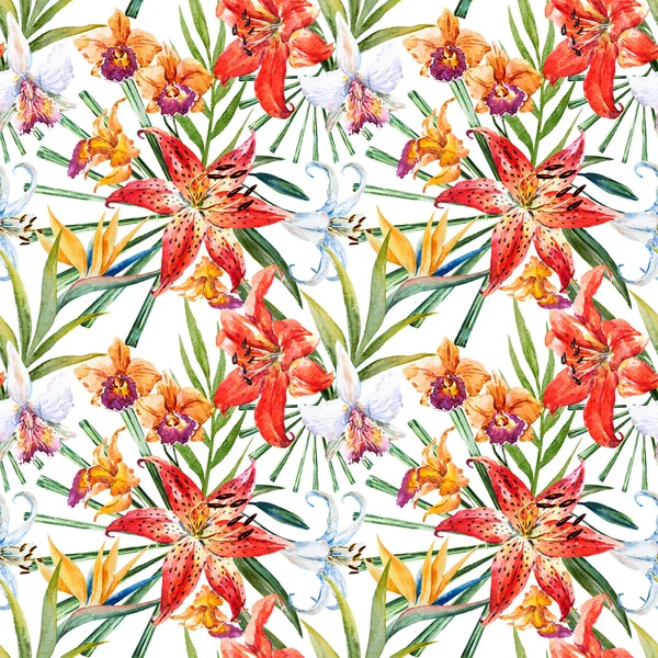 Raster tropical watercolor lilly pattern — Stock Photo, Image