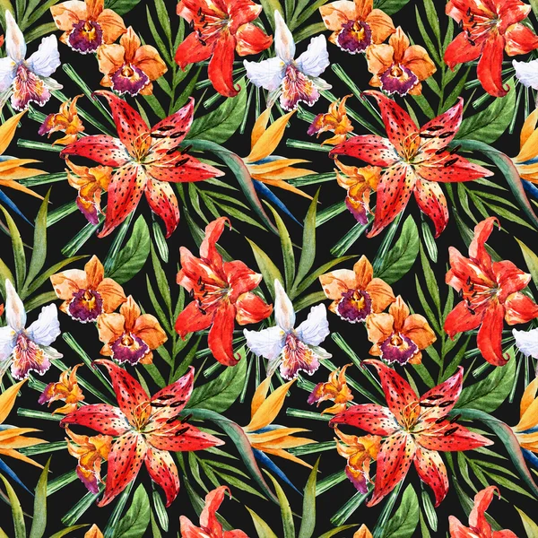Raster tropischen Aquarell Lilie Muster — Stockfoto