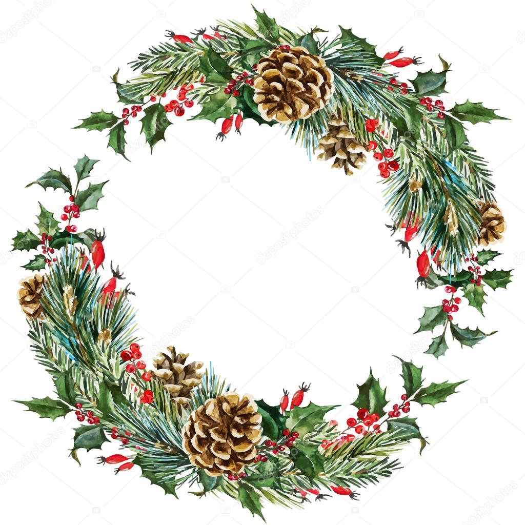 Download Vector watercolor christmas wreath — Stock Vector © ZeninaAsya #87332354