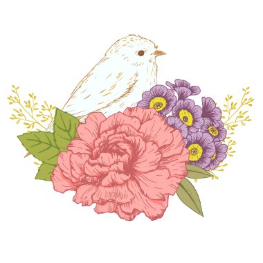 Çiçekler ile çizilmiş kuş el