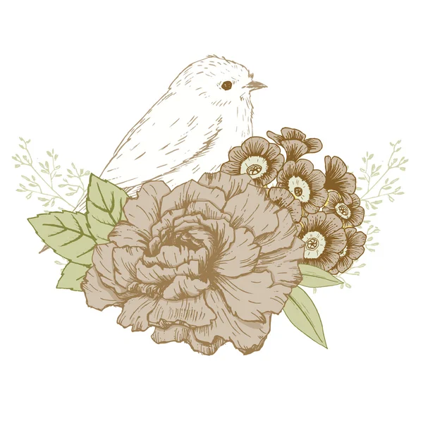 Pájaro dibujado a mano con flores — Vector de stock