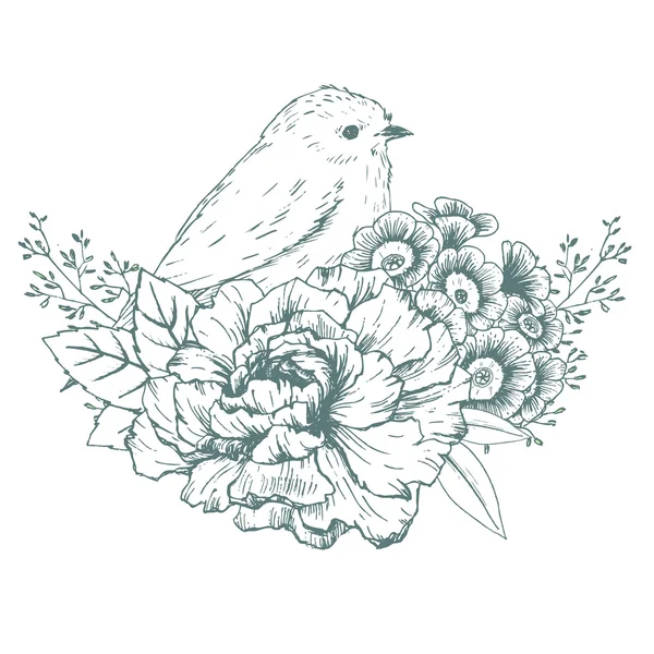 Hand getrokken vogel met bloemen — Stockvector