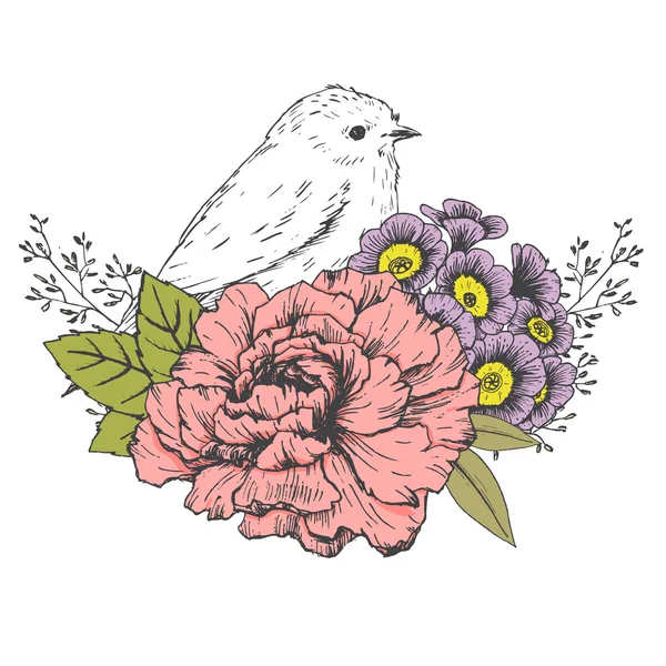 Hand getrokken vogel met bloemen — Stockvector