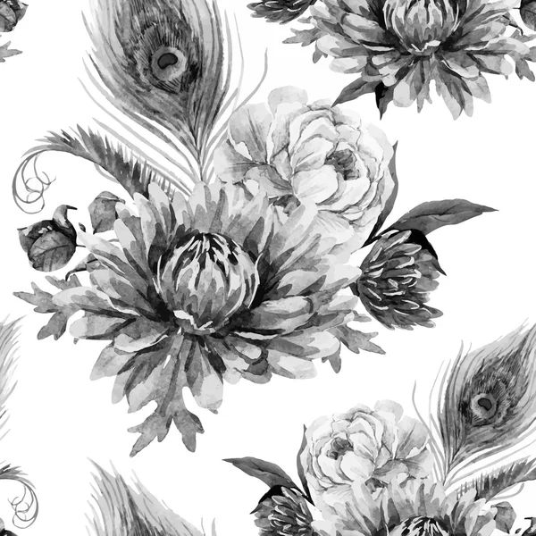 Aquarelle paon et motif de fleurs — Image vectorielle