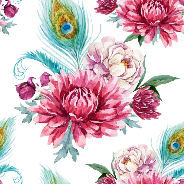 Aquarell Pfau und Blumenmuster — Stockvektor