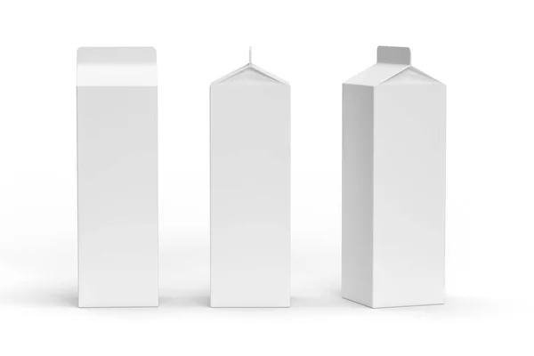 Beyaz arkaplanda izole edilmiş temiz karton kağıttan yapılmış süt veya meyve suyu paketleri - süt ürünleri veya içecekler için aseptik gıda paketlerinin maketi - kopyalama alanı - 3d oluşturma