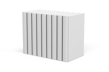 Beyaz arkaplanda kalın kitap maketi - dokuz kitap art arda dizilmiş - 3d canlandırma