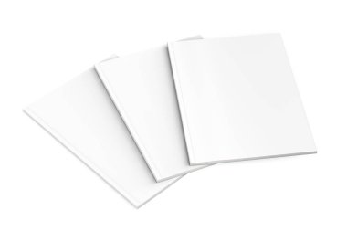 Beyaz arka planda kalın kitap dergisi maketi - üst üste üç dergi serpiştirilmiş - 3D çizim