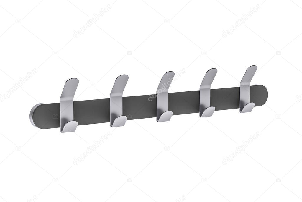 Coat hooks isolated on white background - Five metal hangers on a bar with wall mounting - 3d renders