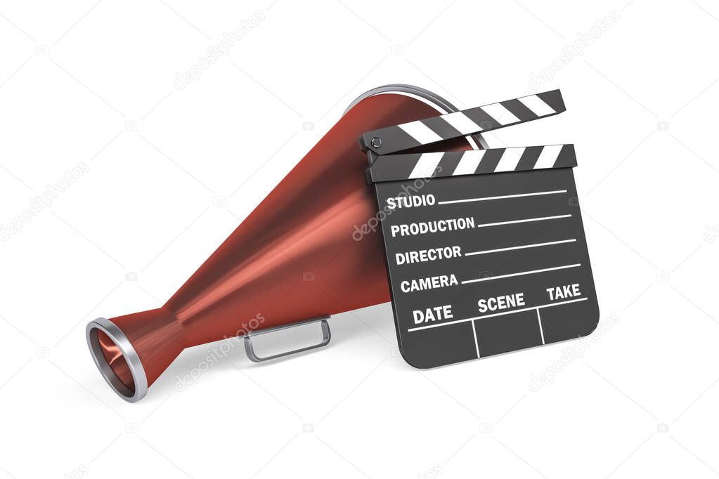 Old red tin megaphone and clapperboard isolated on white background - 3d render