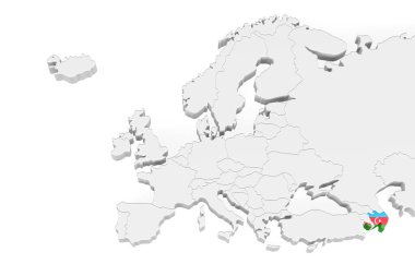 İşaretli sınırları olan 3D Avrupa haritası - Azerbaycan bayrağı ile işaretlenmiş Azerbaycan alanı - beyaz zemin üzerinde izole edilmiş metin için boşluk - 3D illüstrasyon