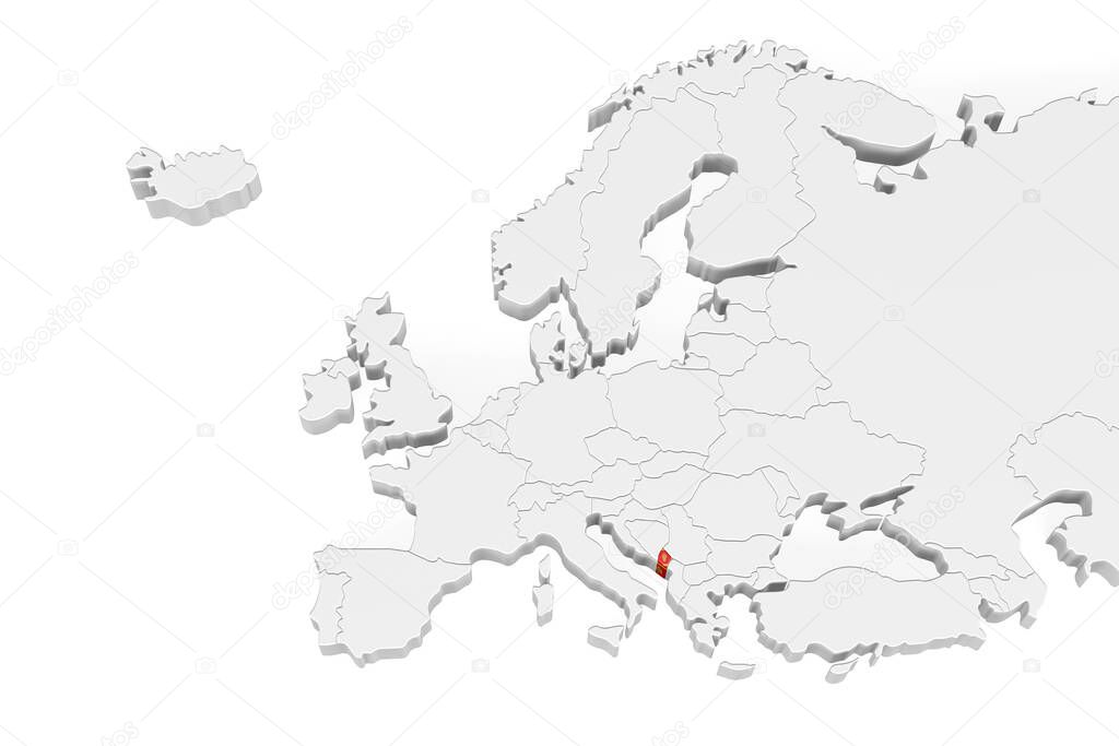 3D Europe map with marked borders - area of Montenegro marked with Montenegro flag - isolated on white background with space for text - 3D illustration