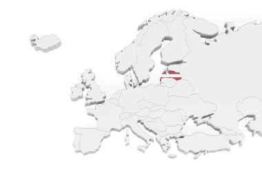 İşaretli sınırları olan 3D Avrupa haritası - Letonya bayrağı ile işaretlenmiş Letonya alanı - metin için boşluk ile beyaz arkaplan üzerinde izole - 3D illüstrasyon