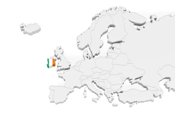 マークされた境界線を持つ3Dヨーロッパ地図 アイルランドの旗でマークされたアイルランドの領域 テキストのためのスペースを持つ白い背景に隔離された 3Dイラスト — ストック写真